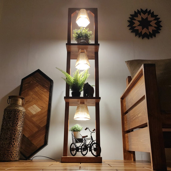 Daffodil Wooden Floor Lamp with Brown Base and Jute Fabric Lampshade