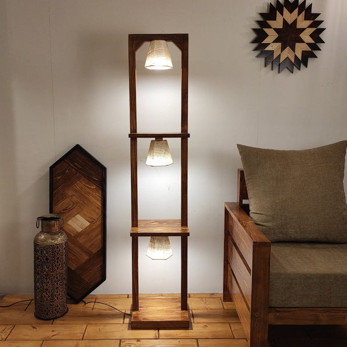 Daffodil Wooden Floor Lamp with Brown Base and Jute Fabric Lampshade