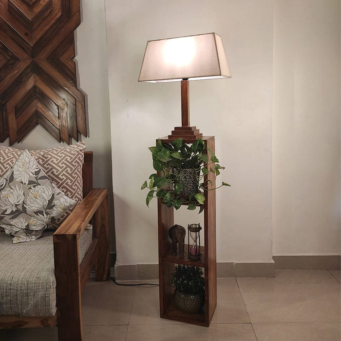 Angular Wooden Floor Lamp with Brown Base and Premium Beige Fabric Lampshade