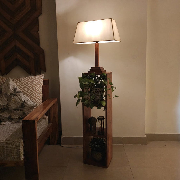 Angular Wooden Floor Lamp with Brown Base and Premium Beige Fabric Lampshade