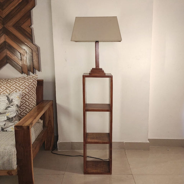 Angular Wooden Floor Lamp with Brown Base and Premium Beige Fabric Lampshade