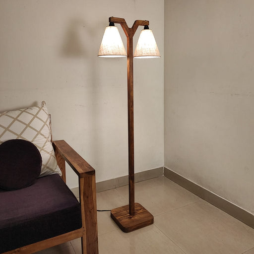 Elania Wooden Floor Lamp with Brown Base and Beige Fabric Lampshade