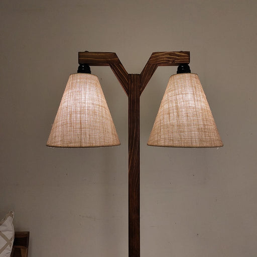 Elania Wooden Floor Lamp with Brown Base and Beige Fabric Lampshade