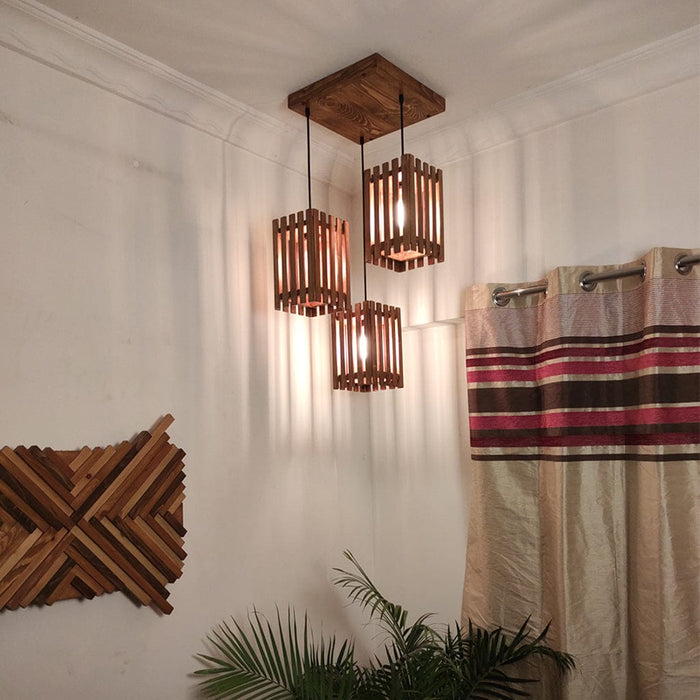 Elegant Brown Wooden Cluster Hanging Lamp