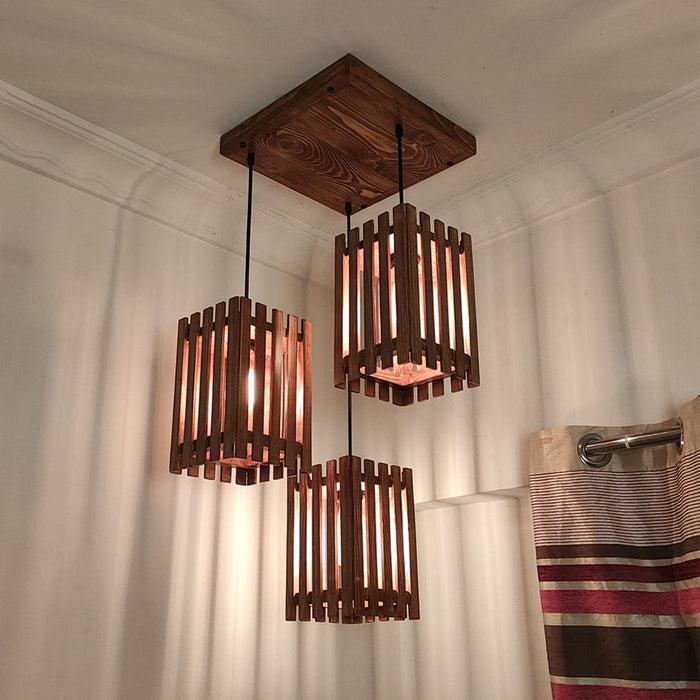 Elegant Brown Wooden Cluster Hanging Lamp