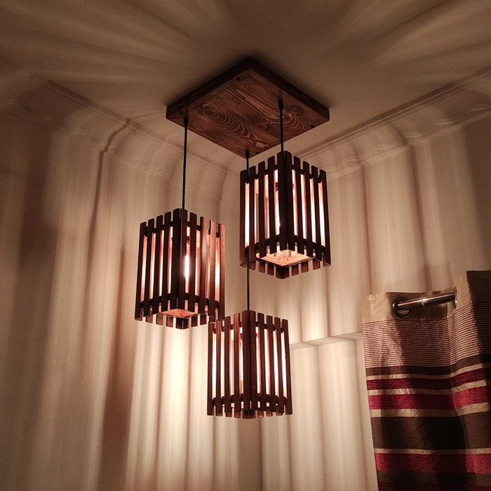 Elegant Brown Wooden Cluster Hanging Lamp