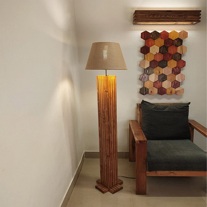 Elegant Wooden Floor Lamp with Brown Base and Beige Fabric Lampshade