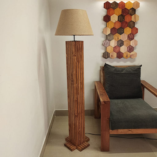 Elegant Wooden Floor Lamp with Brown Base and Beige Fabric Lampshade