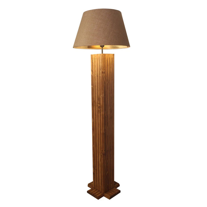 Elegant Wooden Floor Lamp with Brown Base and Beige Fabric Lampshade