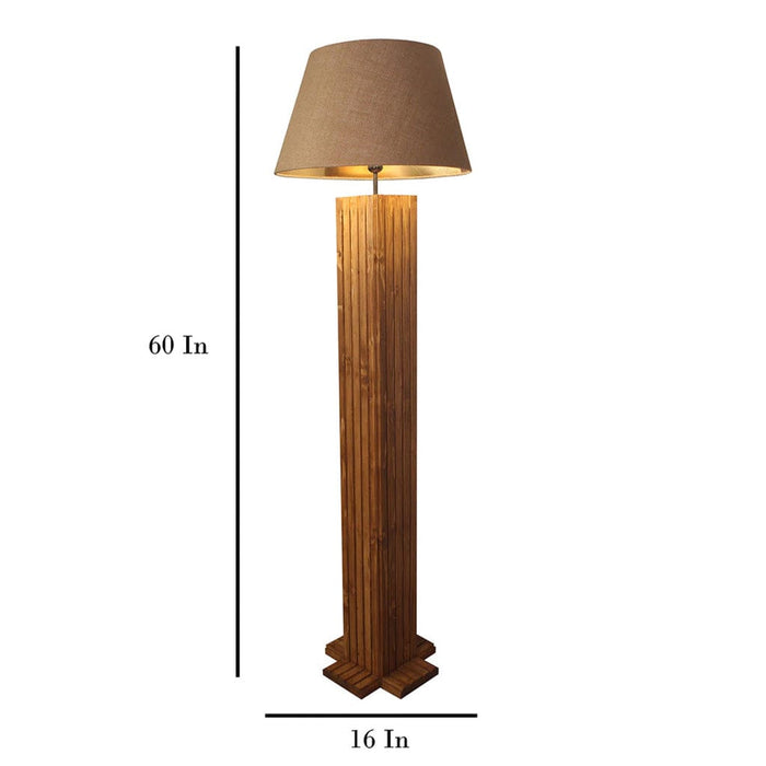 Elegant Wooden Floor Lamp with Brown Base and Beige Fabric Lampshade