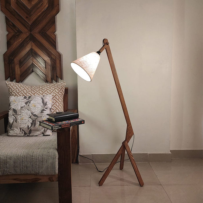 Prominence Wooden Floor Lamp with Beige Fabric Lampshade