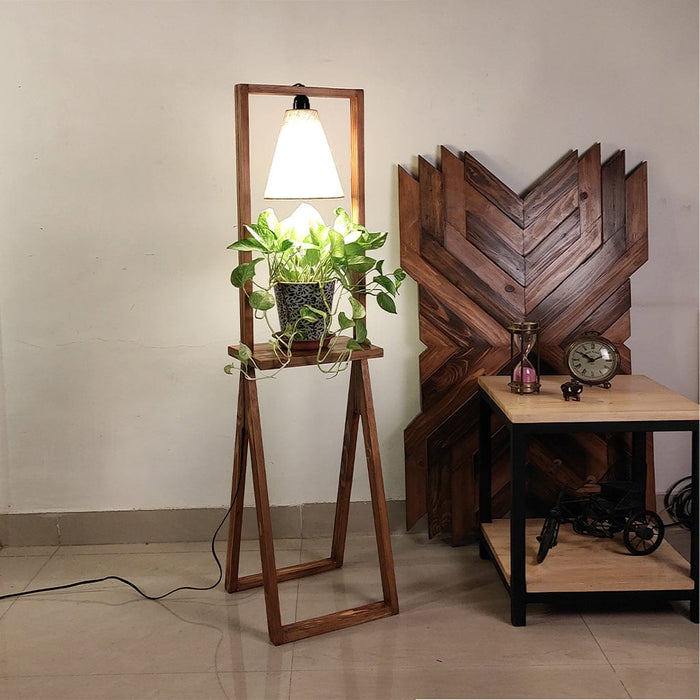 Catapult Wooden Floor Lamp with with Brown Base Premium Beige Fabric Lampshade