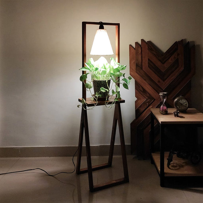 Catapult Wooden Floor Lamp with with Brown Base Premium Beige Fabric Lampshade