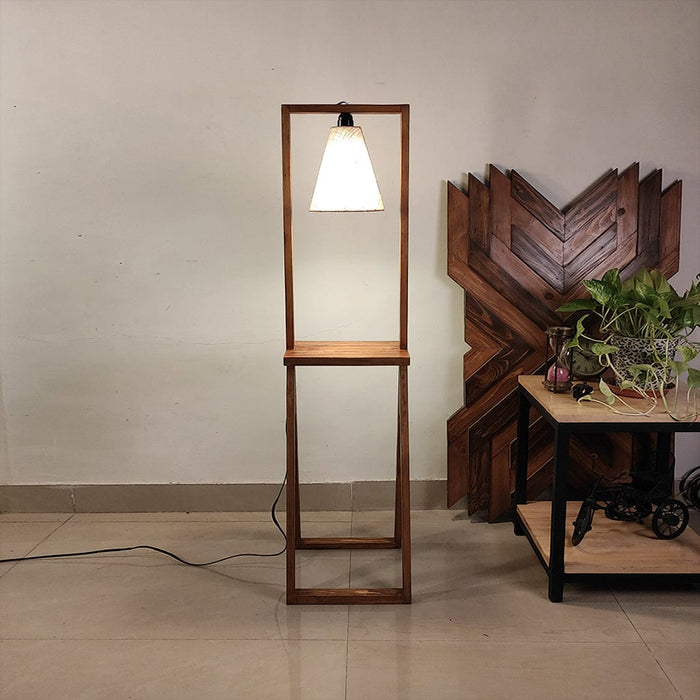 Catapult Wooden Floor Lamp with with Brown Base Premium Beige Fabric Lampshade