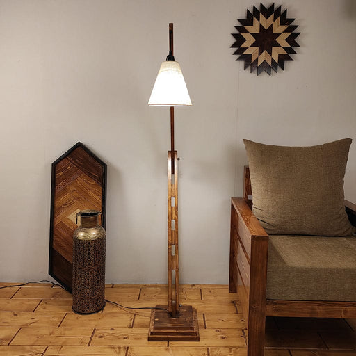 Fisher Wooden Floor Lamp with Brown Base and Jute Fabric Lampshade
