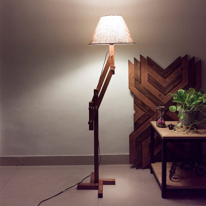 Bezalel Wooden Floor Lamp with Brown Base and Beige Fabric Lampshade