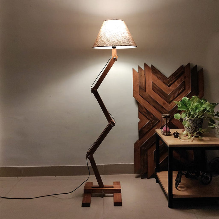 Hinge Wooden Floor Lamp with Brown Base and Beige Fabric Lampshade