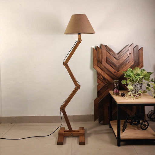 Hinge Wooden Floor Lamp with Brown Base and Beige Fabric Lampshade