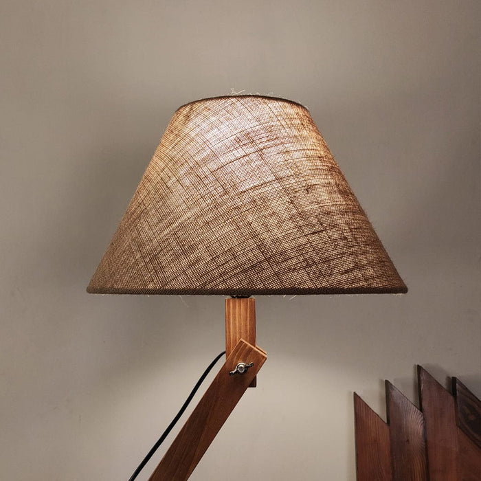 Hinge Wooden Floor Lamp with Brown Base and Beige Fabric Lampshade