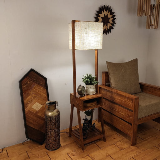 Gabrielle Wooden Floor Lamp with Brown Base and Jute Fabric Lampshade