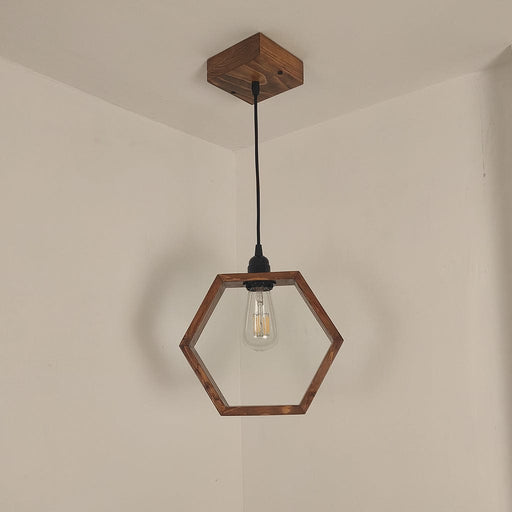 Hex Brown Wooden Single Hanging Lamp