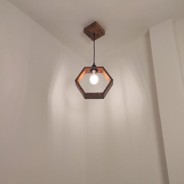 Hex Brown Wooden Single Hanging Lamp