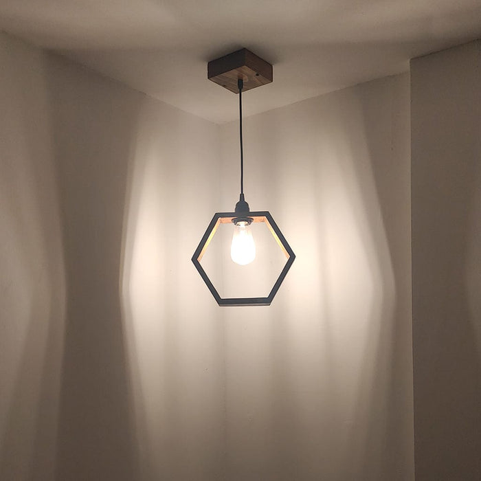 Hex Brown Wooden Single Hanging Lamp