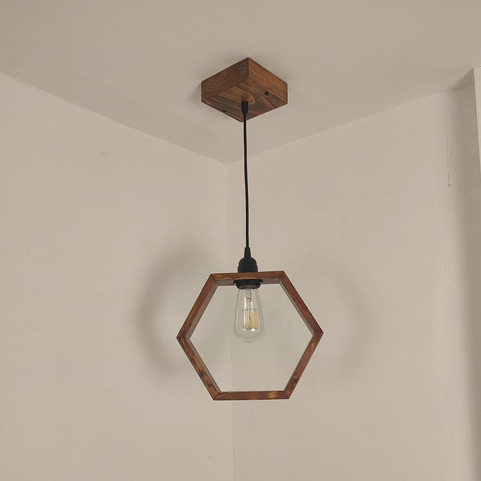 Hex Brown Wooden Single Hanging Lamp