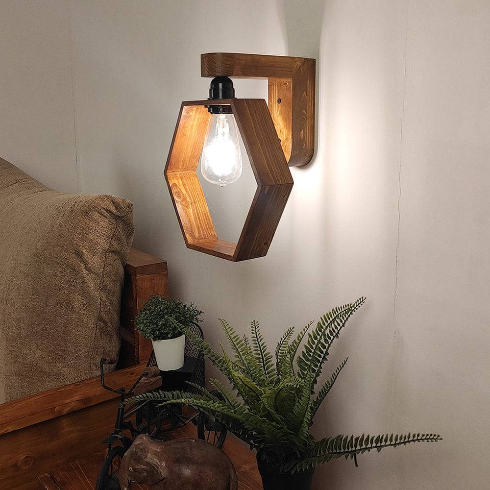 Hex Brown Wooden Wall Light