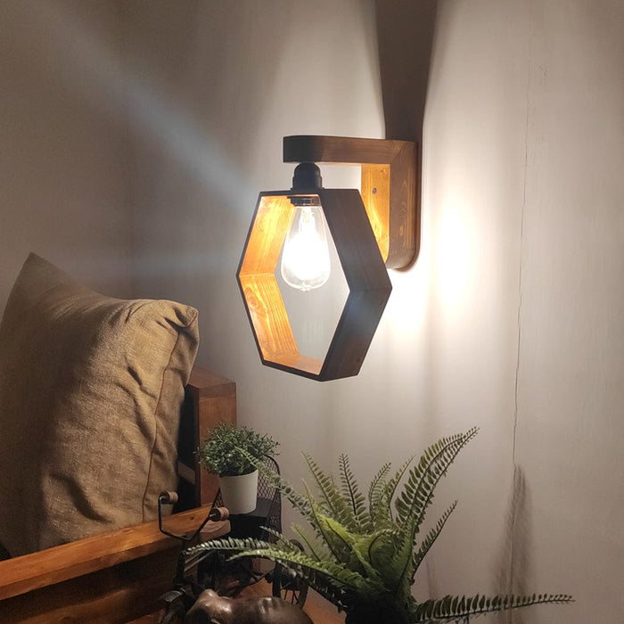 Hex Brown Wooden Wall Light