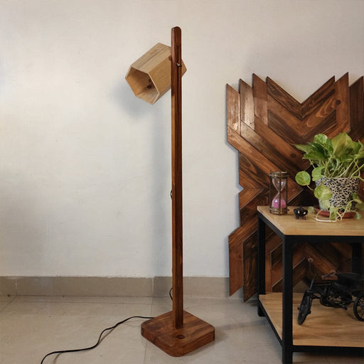 Flex Wooden Floor Lamp with Brown Base and Beige Fabric Lampshade