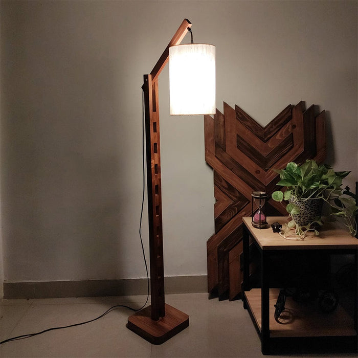 Boho Wooden Floor Lamp with Brown Base and Beige Fabric Lampshade