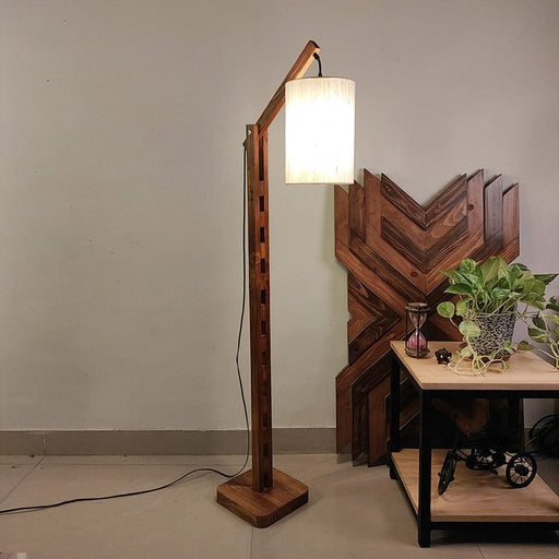 Boho Wooden Floor Lamp with Brown Base and Beige Fabric Lampshade