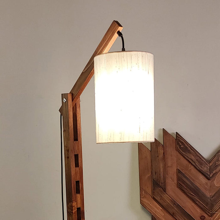 Boho Wooden Floor Lamp with Brown Base and Beige Fabric Lampshade