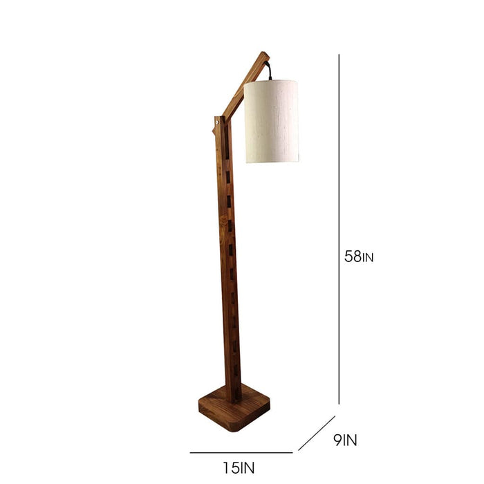 Boho Wooden Floor Lamp with Brown Base and Beige Fabric Lampshade