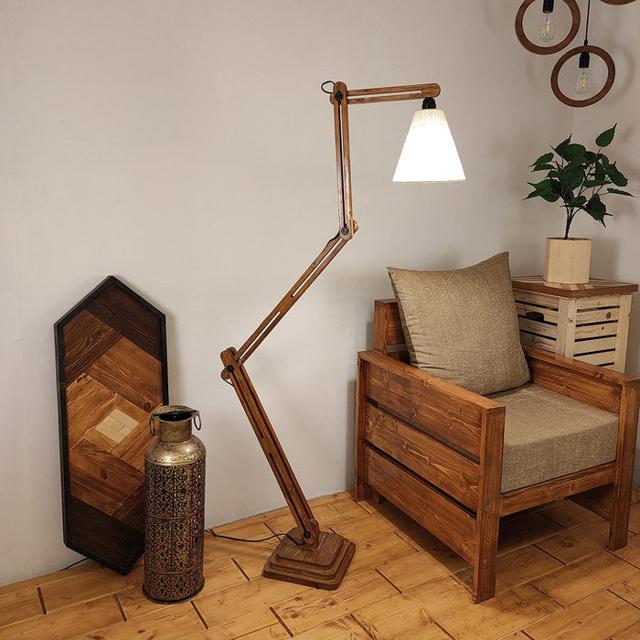 Hydra Wooden Floor Lamp with Brown Base and Jute Fabric Lampshade