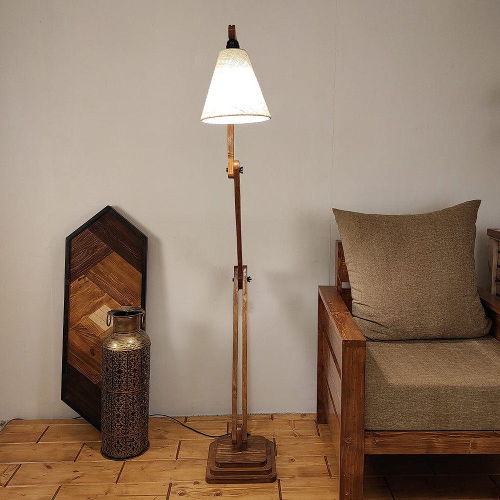 Hydra Wooden Floor Lamp with Brown Base and Jute Fabric Lampshade