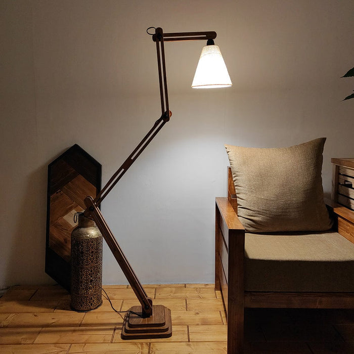 Hydra Wooden Floor Lamp with Brown Base and Jute Fabric Lampshade