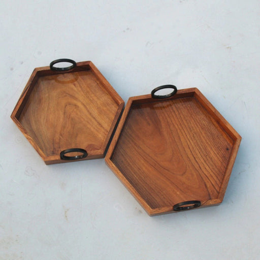 BEAUTIFUL HEXA TRAY WITH IRON HANDLE || ACACIA WOOD
