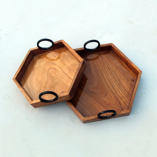 BEAUTIFUL HEXA TRAY WITH IRON HANDLE || ACACIA WOOD