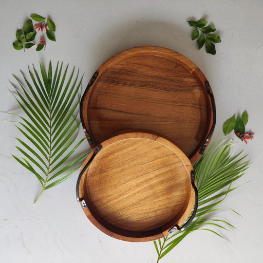 MODERN SERVING TRAY SET OF 2 WITH IRON HANDLE || ACACIA WOOD || WATER PROOF