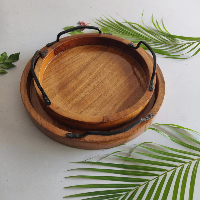 MODERN SERVING TRAY SET OF 2 WITH IRON HANDLE || ACACIA WOOD || WATER PROOF