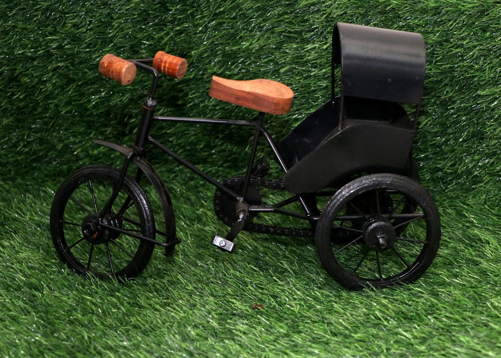 WOODEN AND WROUGHT IRON MINIATURE RICKSHAW, BLACK