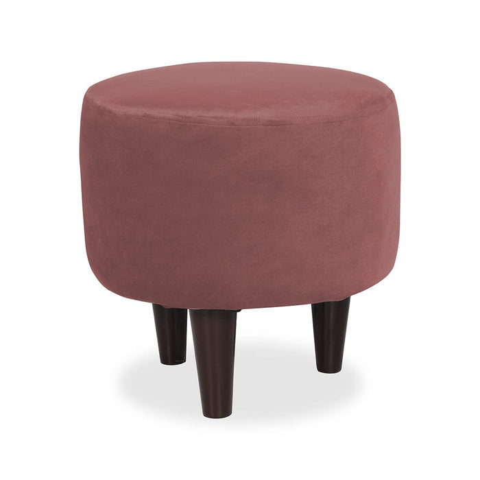 DOE BUCK ROUND  VELVET  OTTOMAN WITH WOODEN LEG IN PINK