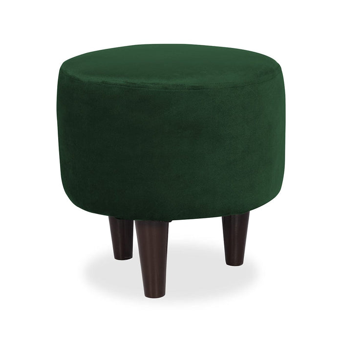 DOE BUCK ROUND  VELVET  OTTOMAN WITH WOODEN LEG IN GREEN