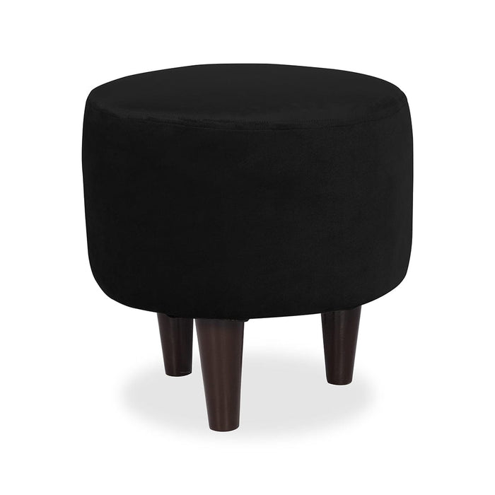 DOE BUCK ROUND  VELVET  OTTOMAN WITH WOODEN LEG IN BLACK