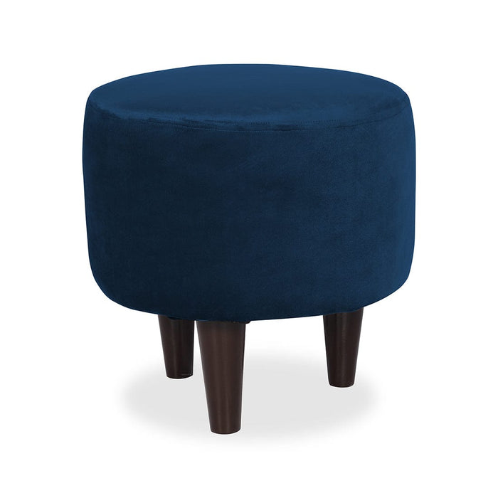 DOE BUCK ROUND  VELVET  OTTOMAN WITH WOODEN LEG IN BLUE