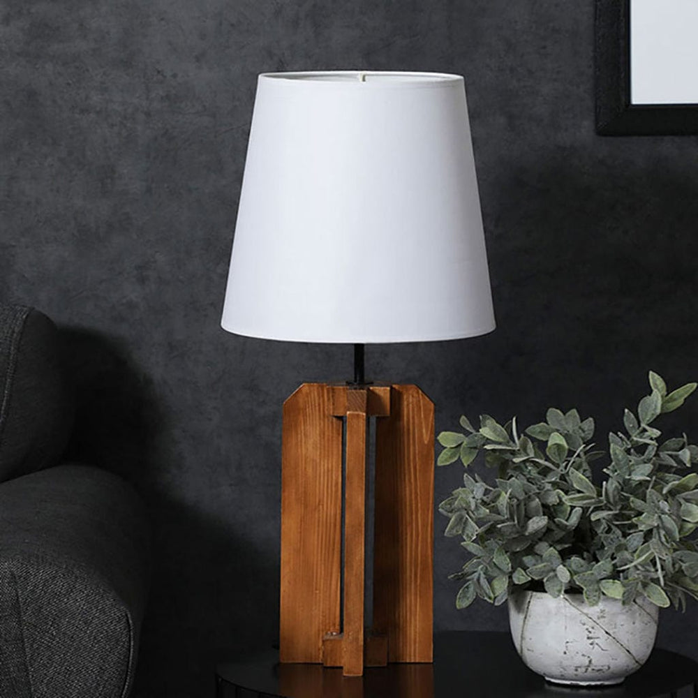 Stella Brown Wooden Table Lamp with White Fabric Lampshade