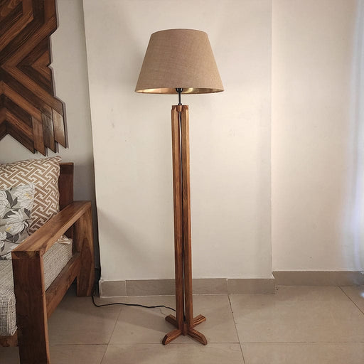 Stella Wooden Floor Lamp with Premium Beige Fabric Lampshade