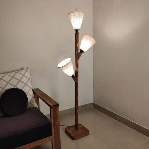 Jasper Wooden Floor Lamp with Brown Base and Beige Fabric Lampshade